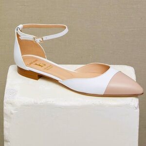 Luca Grossi White & Beige Leather d’Orsay Ankle Strap Flats, Size 38.5